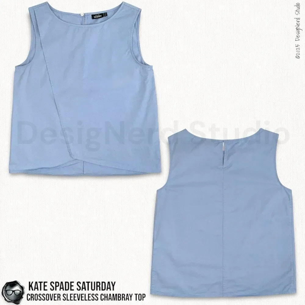 VINTAGE KATE SPADE SATURDAY CROSSOVER SLEEVELESS POPLIN SHIRT IN CHAMBRAY BLUE